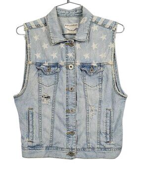 Bullhead Denim Co PacSun Distressed Light Wash Jean Vest Star Stripe Blue Size L